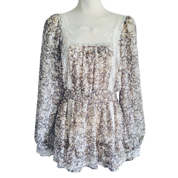 Candie's Cottagecore Floral Lace Trim Balloon Sleeve Semi sheer Peplum waist L - Picture 1 of 16